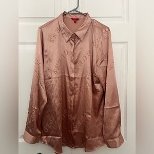Guess Satin Logo Button Up Blouse